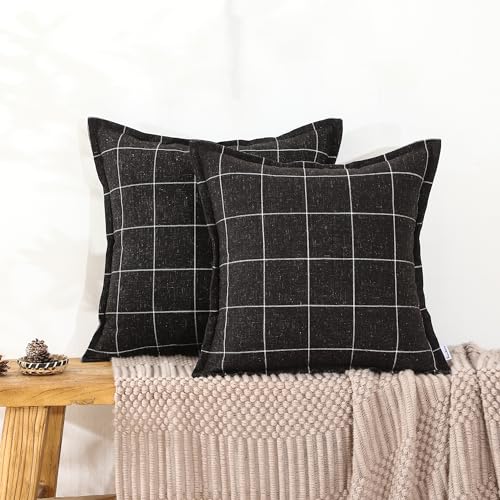 Pure Linen Plaid Throw Pillow Covers 22x22, Set of 2, Black - color: Black, size: 22x22inch