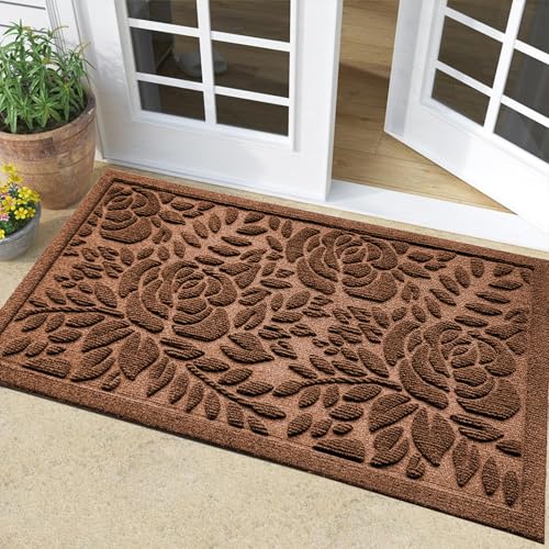 Bulijojo Front Door Mat Entrance,Durable Heavy Duty Welcome Mat,Thick Absorbent Natural Rubber Non Slip Mat,Sturdy Entryway Brown Flower,23x35 - color: Brown Flower, size: 1'11" x 2'11" (Rectangular)
