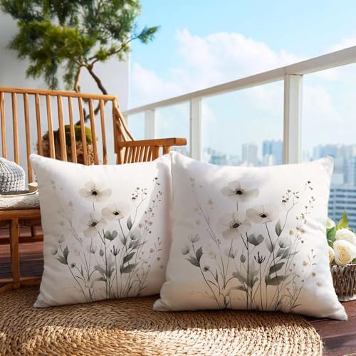 Firmiso White Botanical Throw Pillow Covers 18x18 Set of 2, Minimal Floral Decorative Cushion Covers, Neutral Plant Pillow Cases for Couch Sofa Bedroom Home Decor - color: Minimal Floral