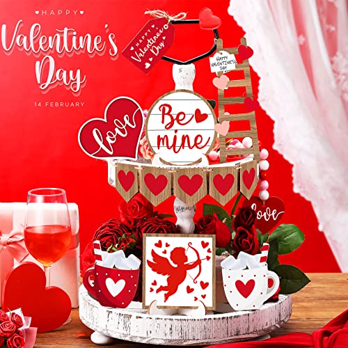 Frienda 12 Pieces Tiered Tray Decor Buffalo Plaid Table Wooden Sign Decorations Cupid Tabletop Heart Signs Be Mine Love Decor for Party Home Kitchen Holiday - style: Heart