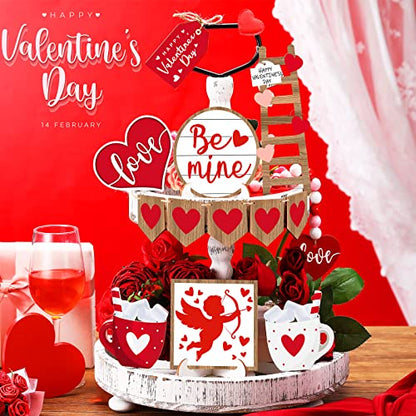 Frienda 12 Pieces Tiered Tray Decor Buffalo Plaid Table Wooden Sign Decorations Cupid Tabletop Heart Signs Be Mine Love Decor for Party Home Kitchen Holiday - style: Heart