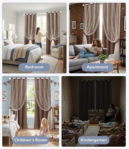 100% Blackout Curtains with Sheer Overlay, Brown, 52 x 96 inch, 2 Panels - color: Brown, size: 52"W x 96"L (Pack of 2)