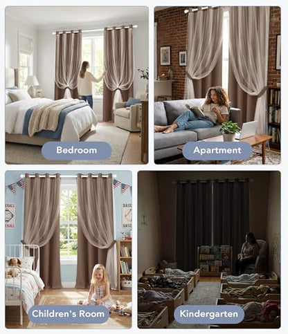100% Blackout Curtains with Sheer Overlay, Brown, 52 x 84 inch, 2 Panels - color: Brown, size: 52"W x 84"L (Pack of 2)