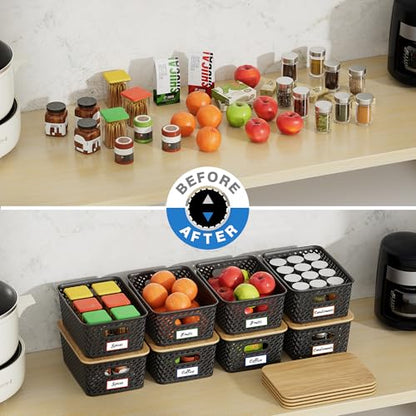 Anysig 8 Pack Plastic Storage Bins with Bamboo Lids, 5.2 QT Stackable Bins - color: Black