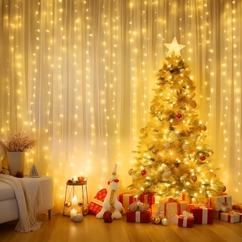 Minetom Curtain Lights, 300 LED Dimmable Twinkle Fairy Lights, 8 Modes - color: Warm White, size: 2 Pack