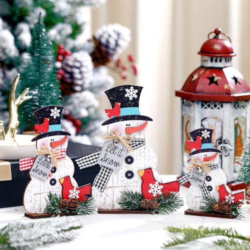 Cinnvoice 3 Pcs Christmas Snowman Decorations, Wooden Snowman Table Decor