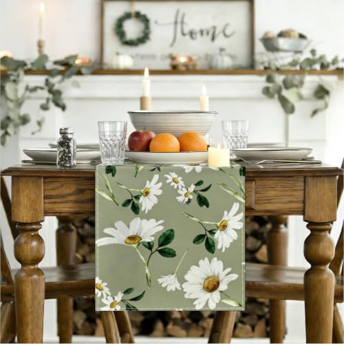 Olive Green Daisy Flowers Spring Table Runner, Table Runners 72 Inches Long - color: White Daisy