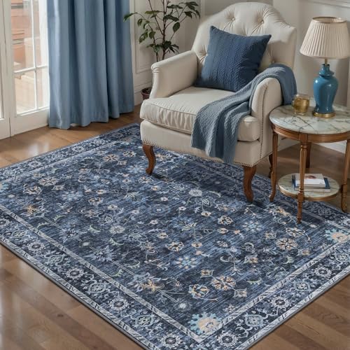 Tangsoo 3x4 Washable Rugs for Entryway Non Slip,Vintage Blue Throw Rugs - color: Distressed Blue Black, size: 3' X 4' (Rectangular)