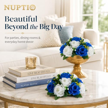 NUPTIO Flower Balls Centerpieces for Tables: Royal Blue White Fake Roses - color: Royal Blue & White, size: 2 Pcs