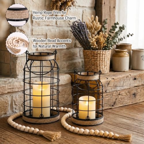 Rustic Farmhouse Candle Lantern, 2Pcs Decorative Lantern Decor with Candles