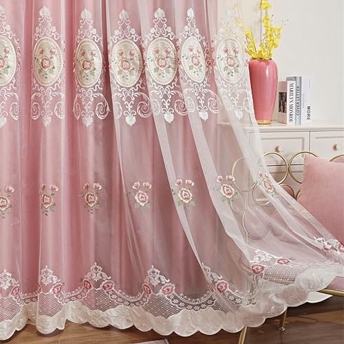 Amidoudou 1 Pair European Double Layer Curtains with Valance for Living Room Bedroom Floral Embroidered Curtains (Pink,51x96 Inch) - color: Pink, size: 51"W x 96"L (Pack of 2)