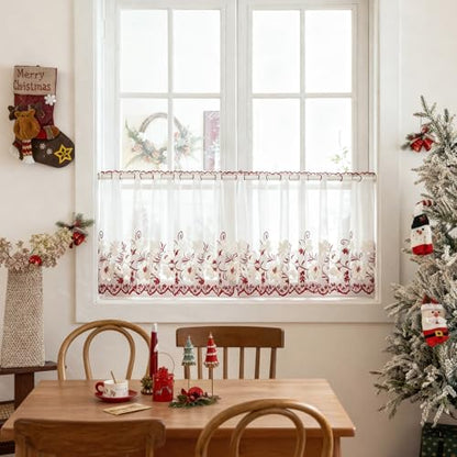 VOGOL Embroidered Lace Sheer Valance, Grommet Top, 55 x 24, 1 Panel, Red - color: Red
