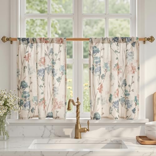 MYSKY HOME Floral Linen Tier Curtains Over Sink 30 Inch Long Set of 2 Light Filtering Privacy Half Window Curtains with Rod Pocket for Kitchen, Cabinet, Basement, Camper, Brown, 30" W Each Panel - color: A-brown, size: 30"W x 30"L (Pack of 2)