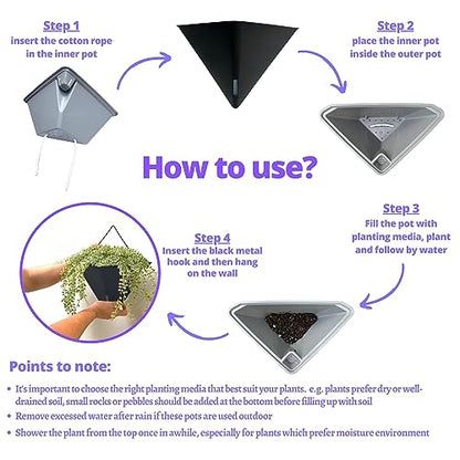 LaLaGreen Indoor Wall Planter (12in, 2 Pack) Black Self Watering Flower Pot - color: Black X 2 Pack