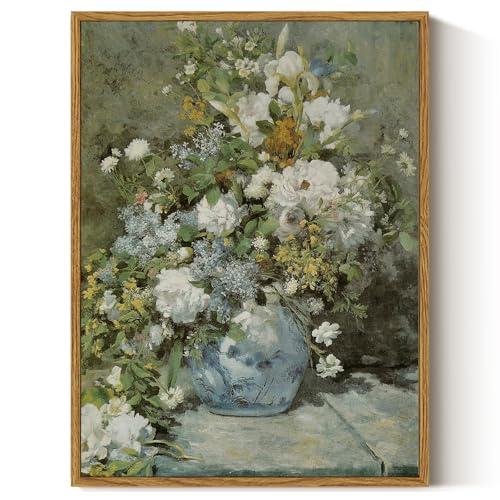 ARPEOTCY Framed Canvas Print Wall Art Decor, French Vintage Flower Spring Botanical Wall Art Home Decor, Ceramic Vase Floral Oil Painting for Living Room, Office Shelf Decoration, 12x16 inch - color: Bouquet de printemps, size: 16"L x 12"W