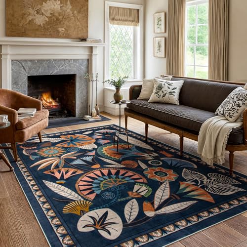 Zealude Egypt Floral Washable 5x7 Area Rug for Living Room, Large Boho Bedroom Dining Room Rugs for Under Table, Vintage Non Slip Soft Throw Carpet for Playroom Office Apartment (Dark Blue, 5 x 7) - color: Blue, size: 5' x 7'(Rectangular)