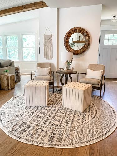 Hauteloom Greig Farmhouse Moroccan Geometric Area Rug - Boho Aztec Tribal Carpet for Living Room, Bedroom, Dining Room - Bordered - Off White, Black, Grey - 7'10" Round Rug - color: Black, Charcoal, Light Gray / Greig, size: 7'10" (Round)