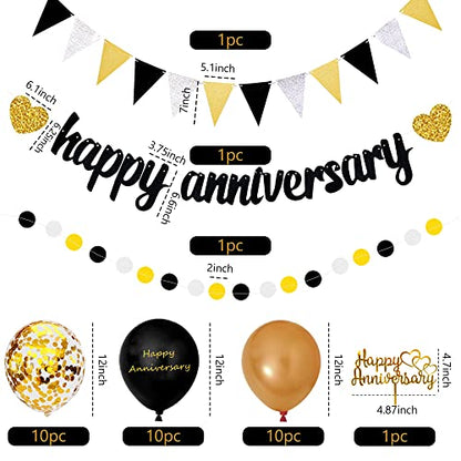 Happy Anniversary Decorations, Glitter Gold Black Happy Wedding Decorations Sets with Banner, Cake Topper, Glitter Hanging and Balloons for All Ages' Anniversary Party Decorations