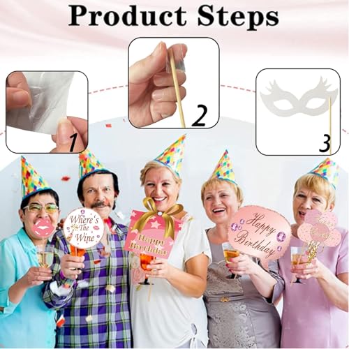 33PCS Glitter Birthday Photo Booth Props, LMSHOWOWO Rose Gold Party Photobooth Props Fun Selfie Props with Lips, Crowns, Flowers, Lipsticks for All Ages Girls Women Birthday Decorations