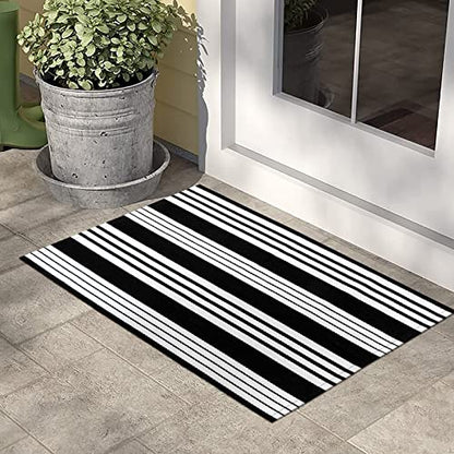 LEEVAN 2'X3' Black and White Striped Woven Cotton Reversible Outdoor Rug - color: Black Strip, size: 2' x 3'