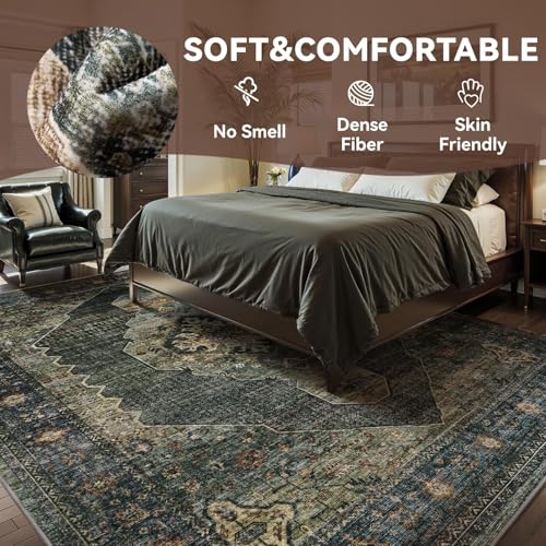Engiw Olive Green 8x10 Area Rugs for Living Room Bedroom Rug Washable Vintage Neutral Farmhouse Rug Carpet Dining Room Rugs Office Retro Oriental Easy Clean Non Slip Large - color: Dark Green/Olive, size: 8' x 10' (Rectangular)