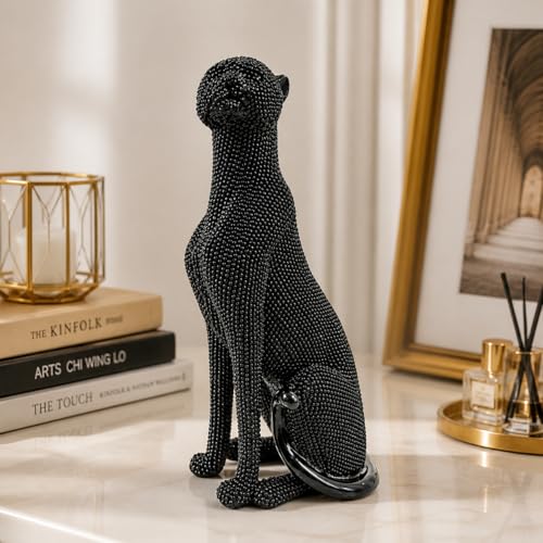 Cheetah Statue Home Decor, Leopard Figurine with Beaded Texture, Modern Panther Sculpture for Living Room Office Bookshelf, Gold Silver Blue Black Decorative Ornament Gift（Black） - color: Black