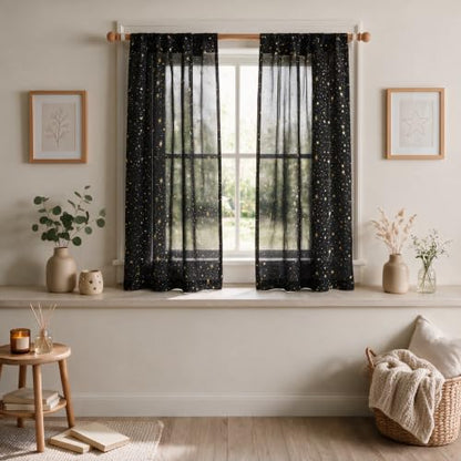 Horaldaily 2Pcs Black Sheer Curtains 52x63in, Gold Sequin Star, Halloween - color: Black and Gold, size: 52"W x 63"L (Pack of 2)
