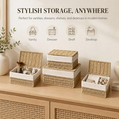 Storage Baskets with Lids Set of 3, Woven Bins with Liner - size: Small with Lids