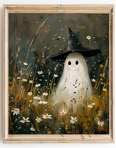 Kizbok Cute Ghost Decor, Vintage Halloween ghost Wall Art Prints, Spooky Ghosts in Floral Landscape Painting, Halloween Pictures Wall Decor, Dark Academia halloween Poster for Bedroom Gallery Bathroom - UNFRAMED - color: Ghosts in Floral, size: 10"L x 8"W