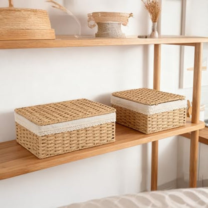 Nonam Rattan Divided Storage Basket with Lid, Set of 3, Natural - color: Divided Paper * Set of 3