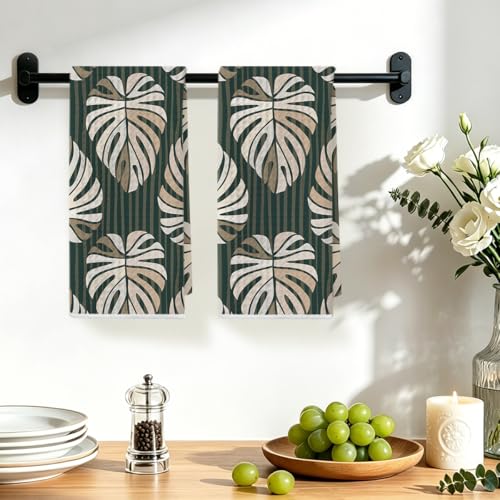 2 Pcs Tropical Palm Leaf Kitchen Towels, Green Stripe Decorative Dish Towel - color: Multi 1396