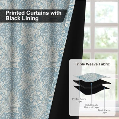 Blue Floral Blackout Curtains for Bedroom and Living Room, Farmhouse Summer Thermal Insulated Black Out Curtains 84 Inch Long with Two Tiebacks, Room Darkening Soundproof Bedroom Curtains 2 Panels Set - color: Blue Floral Pattern