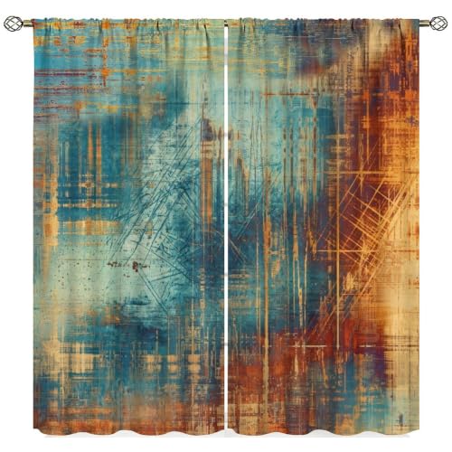 Blue Orange Curtains, Vintage Abstract Art Painting Window Treatments for Kitchen Bedroom Living Room 2 Panel Sets,42x45 Inch Decor - color: Geometric-13, size: 21"W x 44.5"L (Pack of 2)