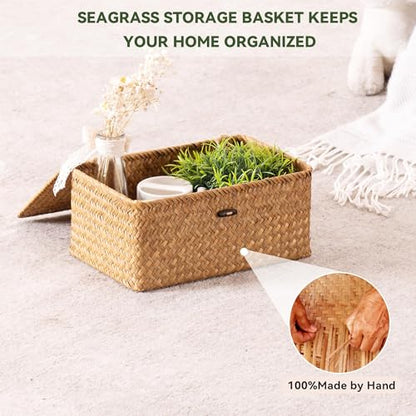 Nonam Wicker Storage Basket with Lid,Seagrass Shelf Basket Set of 3,Nautral - color: Standard Natural* Set of 3