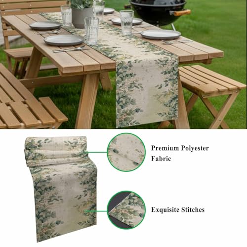 Eucalyptus Leaves Table Runner 48 Inches Long,Sage Green Botanical Leaf Cotton Linen Table Runners Dresser Scarves,Spring Retro Beige Fabric Tabletop Scarf Furniture Cover for Home Dinner Party13 x48 - color: Light Beige Sage Green, size: 13x48 Inches