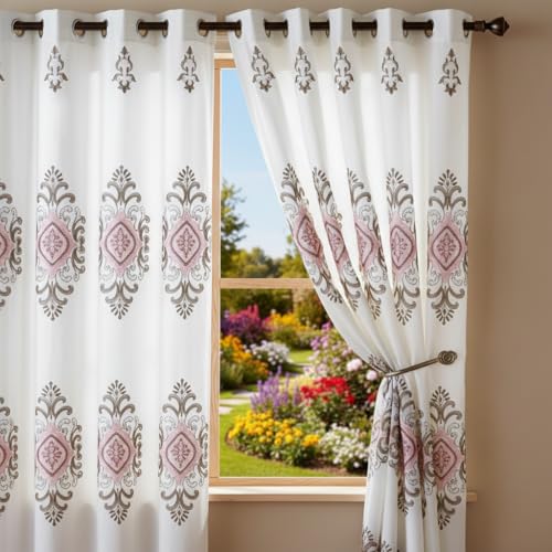 J&V TEXTILES Embroidered Curtain Set, 2 Panel Drapes with Backing & Valance, Medallion Pattern (Pink) - color: Pink