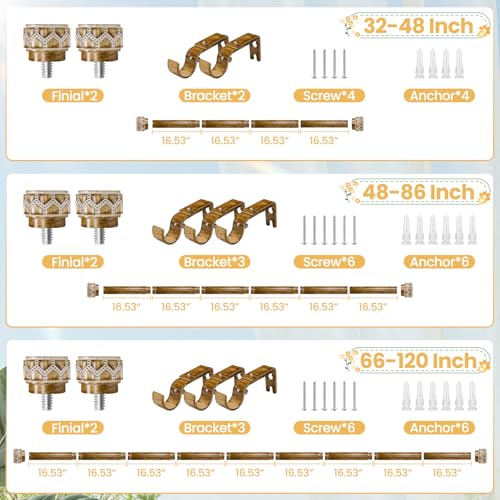 Wood Curtain Rod 66-120 Inch Heavy Duty Boho Carved Finial - color: Wood, size: 66-120"