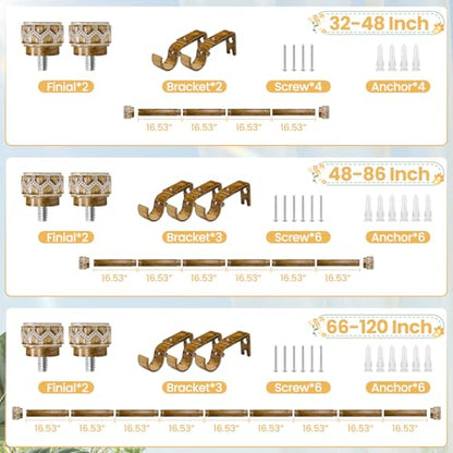 Wood Curtain Rod 66-120 Inch Heavy Duty Boho Carved Finial - color: Wood, size: 66-120"