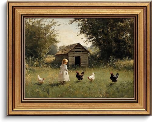 Devunaty Gold Framed Country Canvas Wall Art, Vintage Farm Girl with Chickens Poster Print, Rustic Landscape Painting Picture, Pastoral Farmhouse Artwork Wall Decor for Bedroom Nursery Bathroom 9x11in - color: Girl Chickens, size: 11"L x 9"W