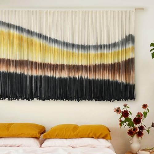 Flber Large Macrame Wall Hanging Yellow Tie-Dye Macrame Yarn Wall Decor Scale Tapestry Living Room Wall Decor 57" Wx 35" L - color: Yellow