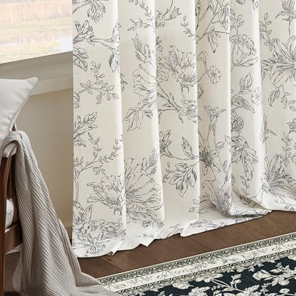 Linen Semi Sheer Curtains 96 Inches Long Pleated Black Floral Print Drapes - color: Black, size: 40"W x 96"L (Pack of 2)
