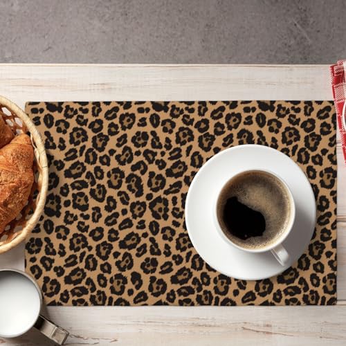 Black Brown Leopard Placemats Set of 4 Linen Washable 12x18 inch - color: Leopard
