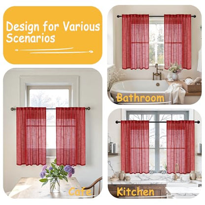 YoungsTex Red Linen 주방 창문 커튼 91.4cm(36인치) 길이 - 뒷면 탭 로드 포켓이 있는 작은 세미 시어 드레이프 경량 욕실 카페 창문용, 패널 2개, 86.4 x 91.4cm(34 x 36인치) - color: 2-레드, size: 34"W x 36"L (Pack of 2)