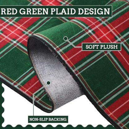 Dunzy 2 Pcs Red & Green Plaid Kitchen Mats Non-Slip Washable Runners - color: Red & Green