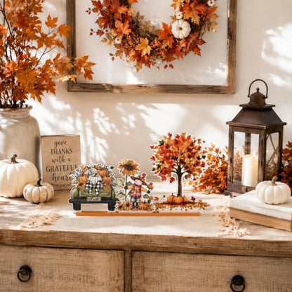 Smile Fall Thanksgiving Halloween Wooden Standing Decor, Truck Pumpkin Scarecrow Sunflower Tiered Tray Signs with Stands for Rustic Farmhouse Home Decor - style: Fall Scarecrow