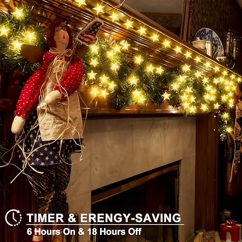 echosari 158IN Star String Lights Battery Operated Auto Timer Warm White - color: Warm White, size: Star