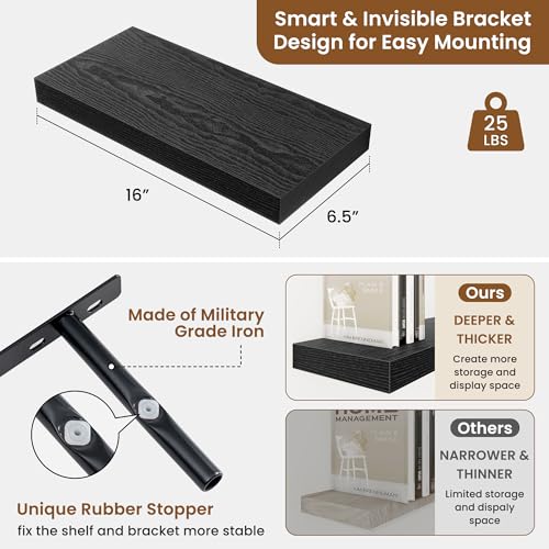 Floating Shelves for Wall, Wall Mounted Wood Shelves, Black, Set of 2, 16in - color: Black, size: 16"W x 6.5"D , 2 Pack