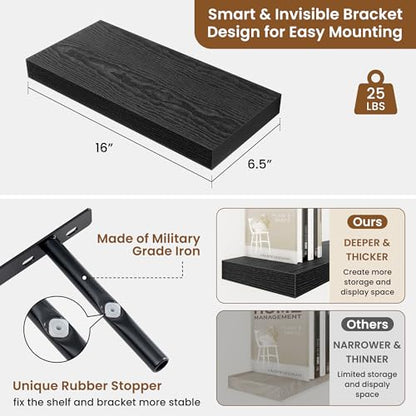 Floating Shelves for Wall, Wall Mounted Wood Shelves, Black, Set of 2, 16in - color: Black, size: 16"W x 6.5"D , 2 Pack