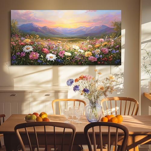 crmotu Rustic Oversized Canvas Art, Mountain Flower Sunset Prints 29"x57" - color: Mountains Sea of Flowers, size: 57"L x 29"W