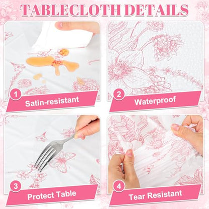3 Pcs Pink Floral Plastic Tablecloths, Disposable Wedding Table Cloth - color: Pink Floral